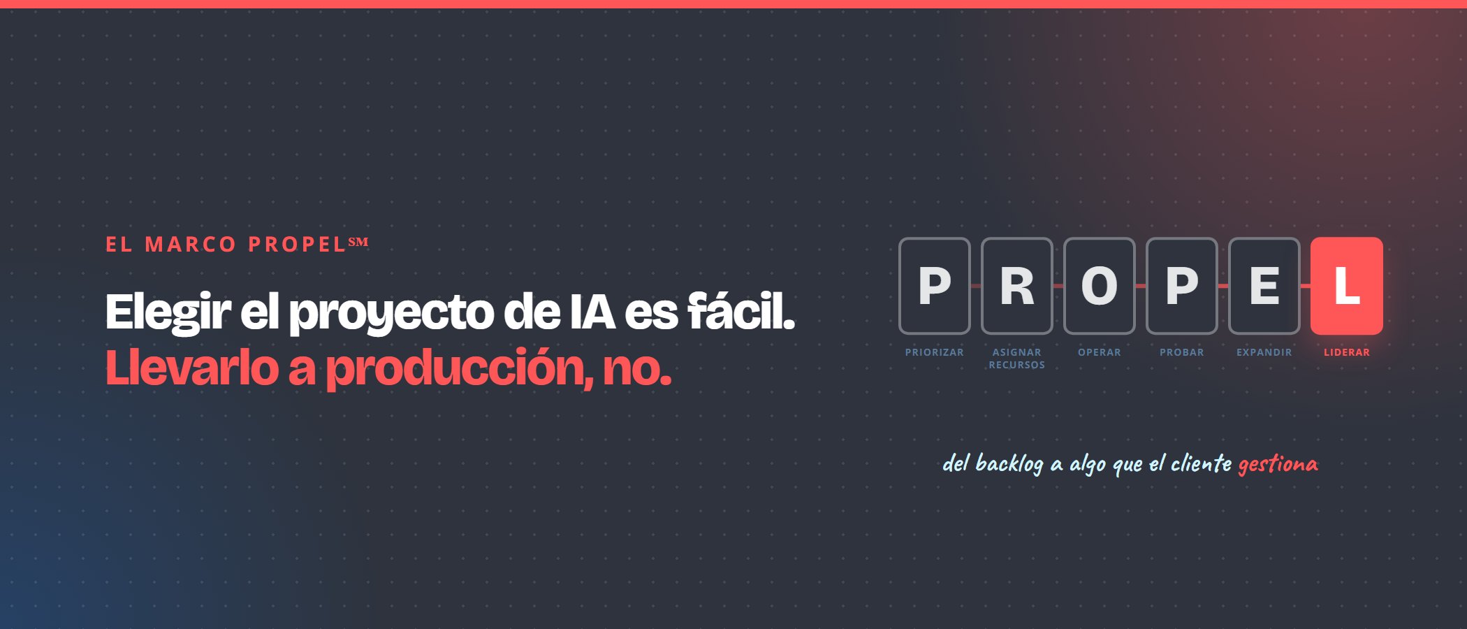 Elegir el proyecto de IA es fácil. Llevarlo a producción, no. Seis casillas forman la palabra PROPEL en un camino que termina en la L, de Liderar, donde el cliente gestiona la solución.